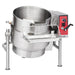 Vulcan KELT electric tilting steam kettle shown tilted forward for pouring, stainless steel with hand crank