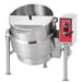 Vulcan KELT electric tilting steam kettle, stainless steel with lid partly open and red controls, angled view