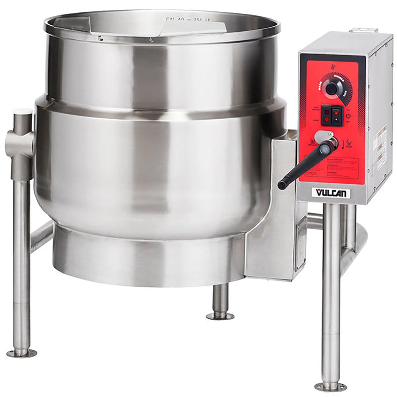 Vulcan KELT electric tilting steam kettle, stainless steel kettle on tubular frame with red control box