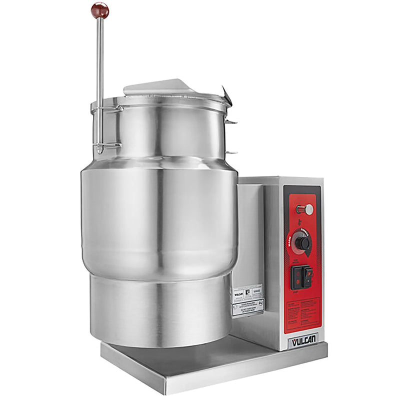 Vulcan KETT series electric countertop tilting steam kettle, stainless steel with red control console, front view