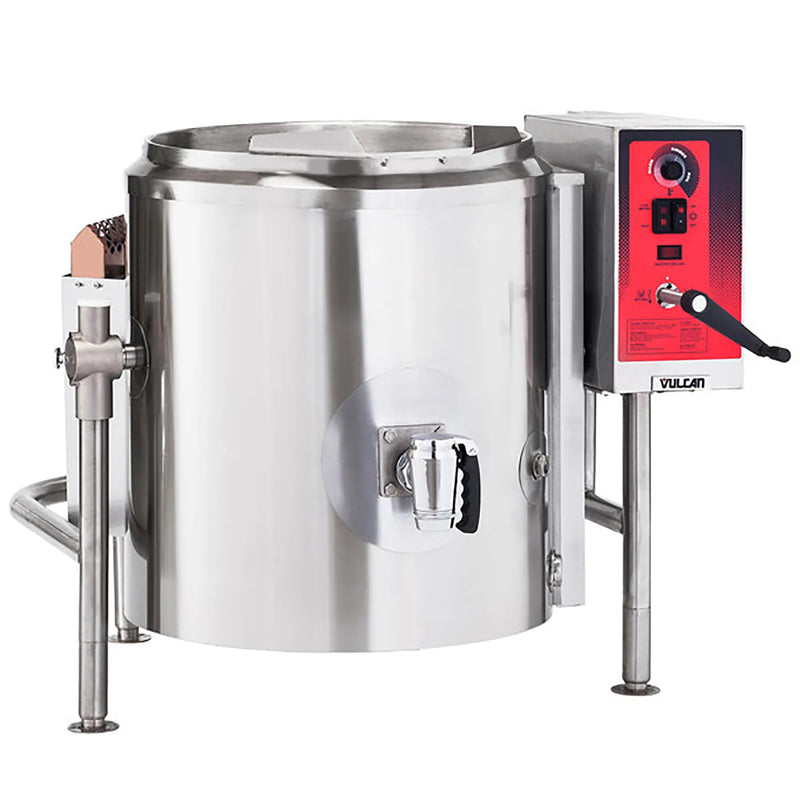 Vulcan KGLT gas tilting steam kettle, stainless steel jacketed kettle on tubular legs with red control box