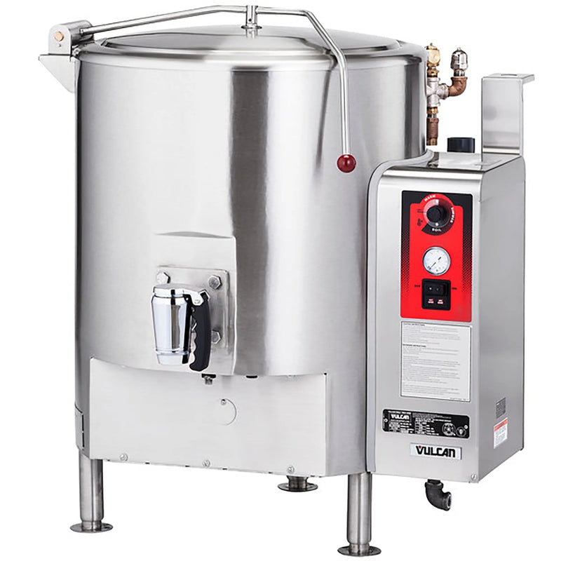 Vulcan fully jacketed gas fixed steam kettle, stainless steel on legs with lid, draw-off valve and red controls