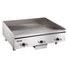 Vulcan RRE-E series heavy duty electric griddle, stainless steel mid width model with three control knobs