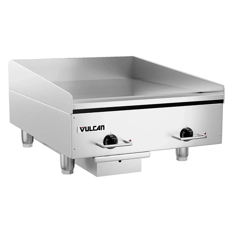 Vulcan RRE-E series heavy duty 24 inch deep electric griddle, stainless steel narrow width with two controls