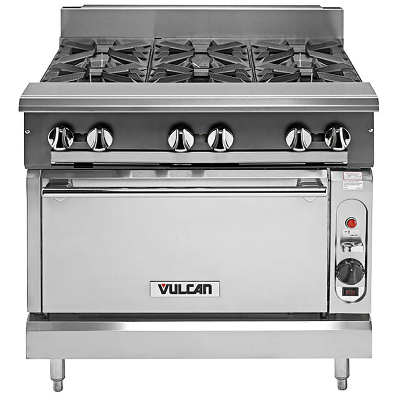 Vulcan V6B36C 36 inch gas range with six open burners and convection oven base, stainless steel front view