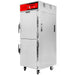 Vulcan VCH16 insulated cook and hold cabinet, stainless steel with red control panel on casters, angled view