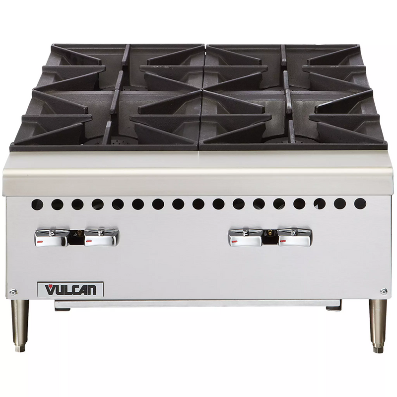 Vulcan VCRH24 natural gas/propane 24 inch countertop open burner hot plate with 4 burners in stainless steel, front