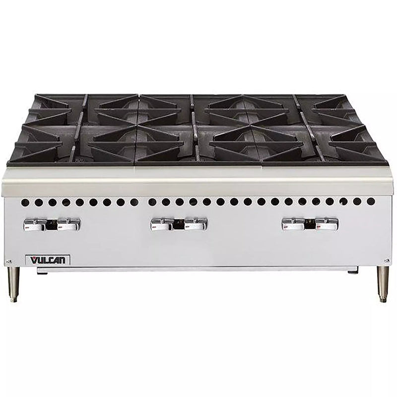 Vulcan VCRH36 natural gas/propane 36 inch countertop open burner hot plate with 6 burners in stainless steel, front