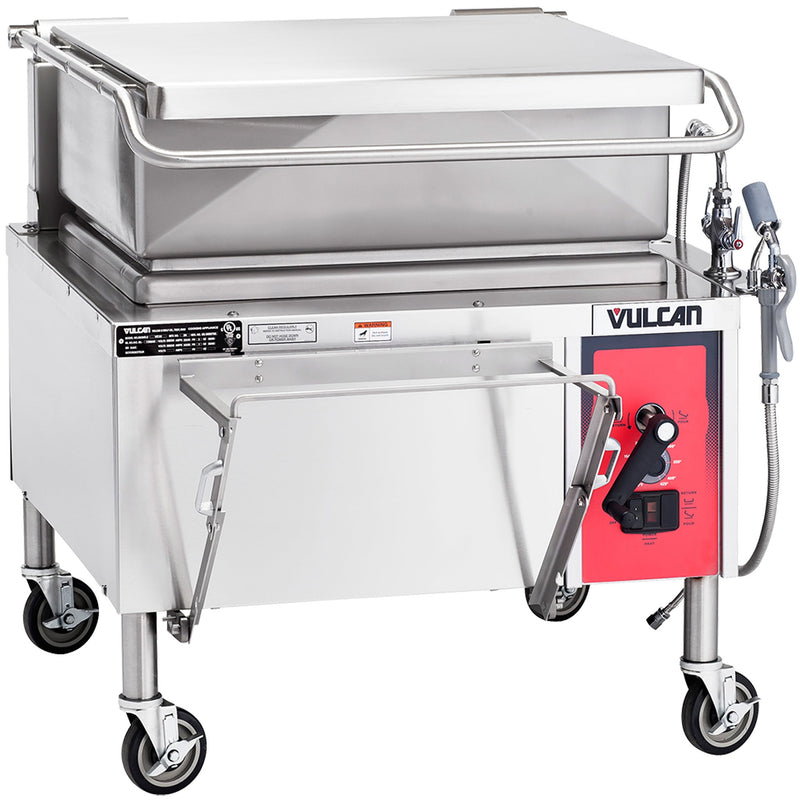 Vulcan VE40 manual lift 40 gallon electric braising pan in stainless steel on casters, front view with lid closed