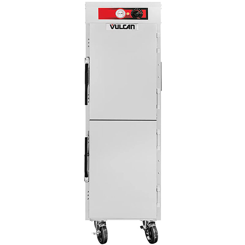 Vulcan VHP15 insulated heated holding cabinet, tall stainless steel with two half doors on casters, front view