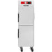 Vulcan VHP15 insulated heated holding cabinet, tall stainless steel with two half doors on casters, front view