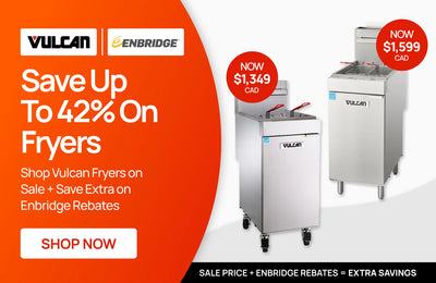 Promotional banners for Vulcan commercial fryers featuring the Enbridge logo. The headline reads "Upgrade Your Fryer Now" with subtext "Save Up To 42% + Save Extra on Enbridge Rebates