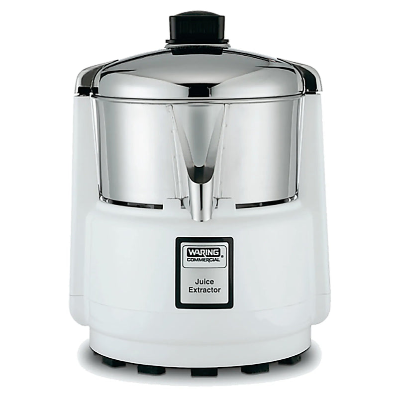 Waring 6001C heavy duty bar juice extractor with white base and polished stainless steel cover, front view