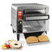 Waring CTS1000B high volume conveyor toaster shown with toast on the front tray and bagels on a plate beside it