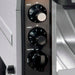 Waring CTS1000B high volume conveyor toaster, close-up of the black speed, power and function control knobs