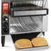 Waring CTS1000B high volume conveyor toaster, side angle showing toasted bread slices on the output tray