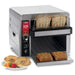 Waring CTS1000CND low volume conveyor toaster shown toasting bread slices onto the front tray beside bagels