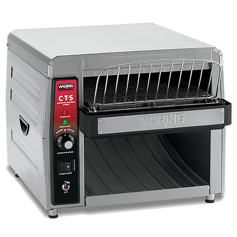 Waring CTS1000CND heavy duty low volume conveyor toaster in stainless steel with red control panel, angled view