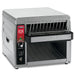 Waring CTS1000CND heavy duty low volume conveyor toaster in stainless steel with red control panel, angled view