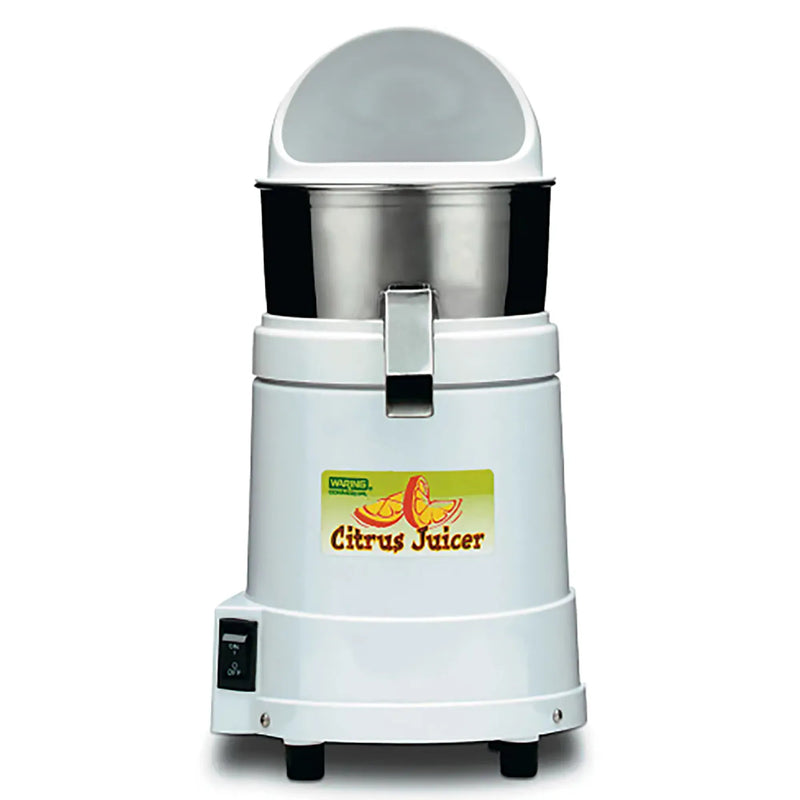 Waring JC4000 high powered citrus juicer with white housing, stainless bowl and clear splash lid, front view