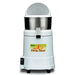 Waring JC4000 high powered citrus juicer with white housing, stainless bowl and clear splash lid, front view