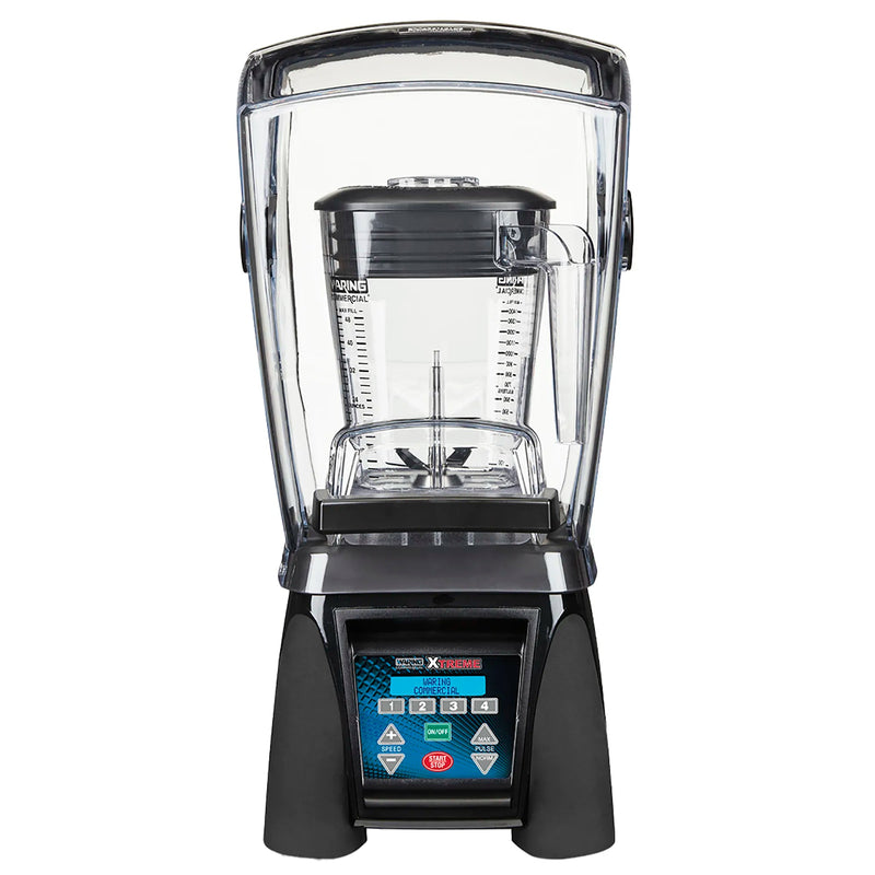 Waring MX1500XTXP Xtreme 48 oz commercial blender with clear sound enclosure and programmable touchpad, front