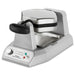 Waring WBW300X bubble waffle maker with lid closed, rotating stainless steel housing, angled side view
