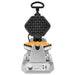 Waring WBW300X bubble waffle maker with lid open showing a golden cooked bubble waffle, front view