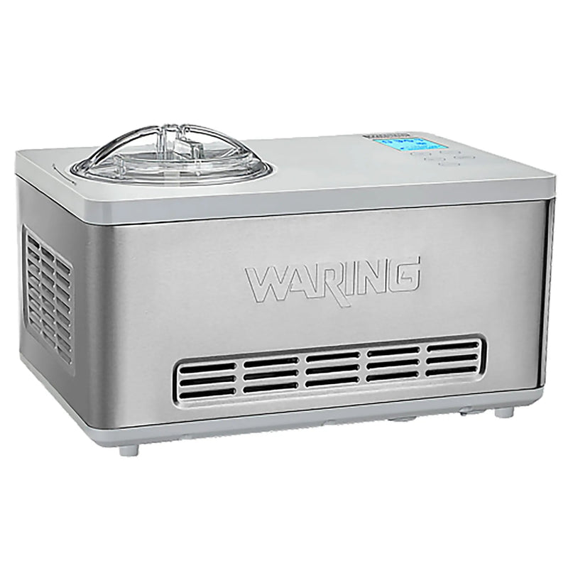 Waring WCIC20 countertop 2 quart ice cream maker with brushed stainless steel housing and clear lid, angled