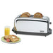 Waring WCT704 light-duty 4 slice chrome toaster shown toasting bread beside a breakfast plate and juice