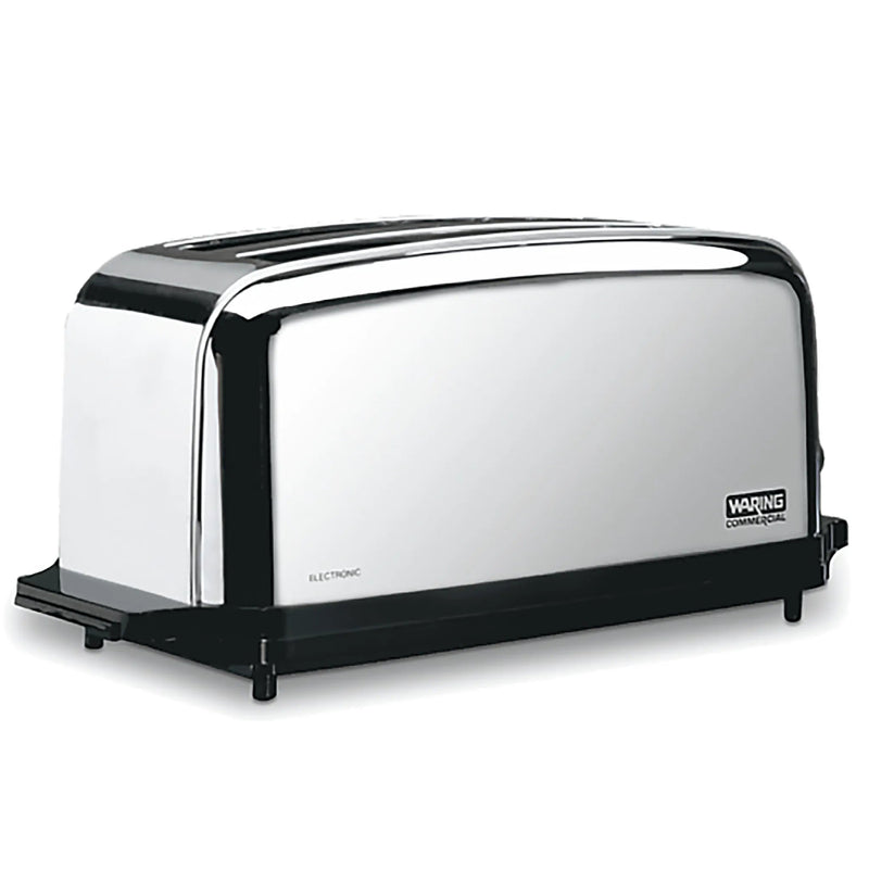 Waring WCT704 light-duty 4 slice toaster with polished chrome housing and two long slots, angled view