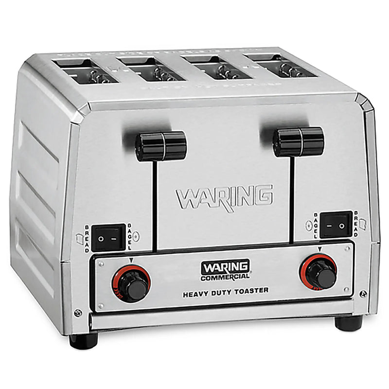 Waring WCT850RC heavy duty four slot pop-up toaster in brushed stainless steel with dual controls, front view