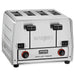 Waring WCT850RC heavy duty four slot pop-up toaster in brushed stainless steel with dual controls, front view