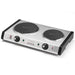 Waring WDB600 double cast-iron countertop burner in stainless steel with black side trim, angled right view