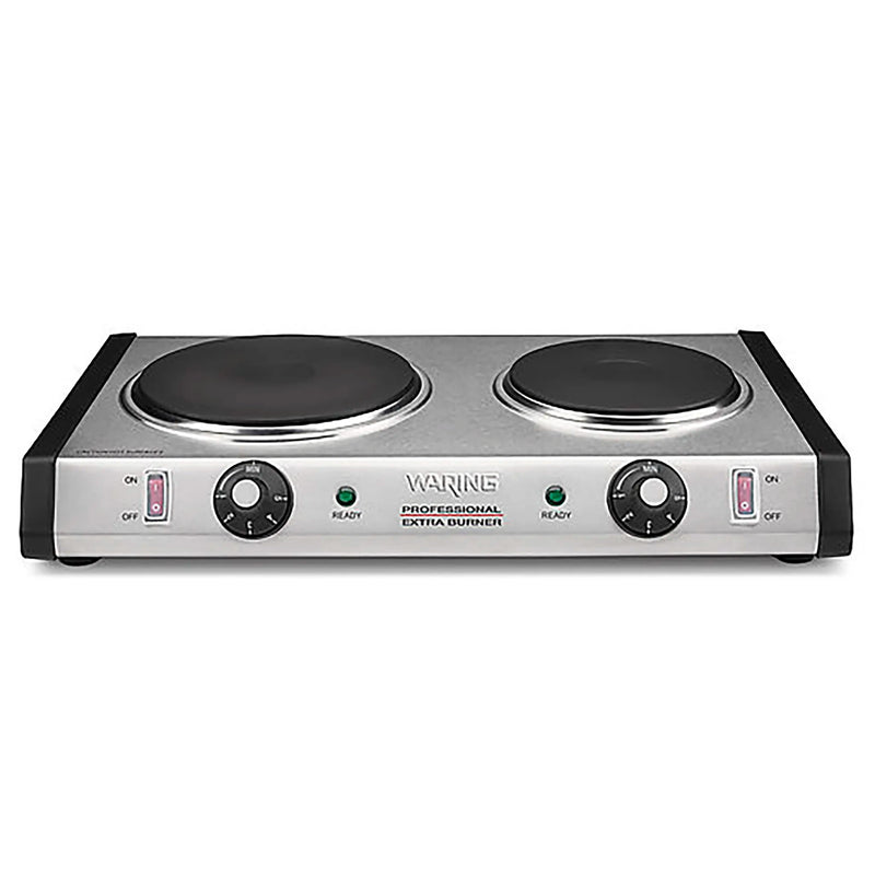 Waring WDB600 double cast-iron electric burner in brushed stainless steel with two control dials, front view