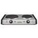 Waring WDB600 double cast-iron electric burner in brushed stainless steel with two control dials, front view