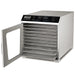 Waring WDH10 commercial 10 tray dehydrator with swing door open showing ten empty stainless mesh trays, angled