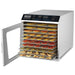 Waring WDH10 commercial 10 tray dehydrator with swing door open showing trays loaded with drying fruit slices