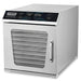 Waring WDH10 commercial 10 tray dehydrator in stainless steel with glass swing door closed, angled left view