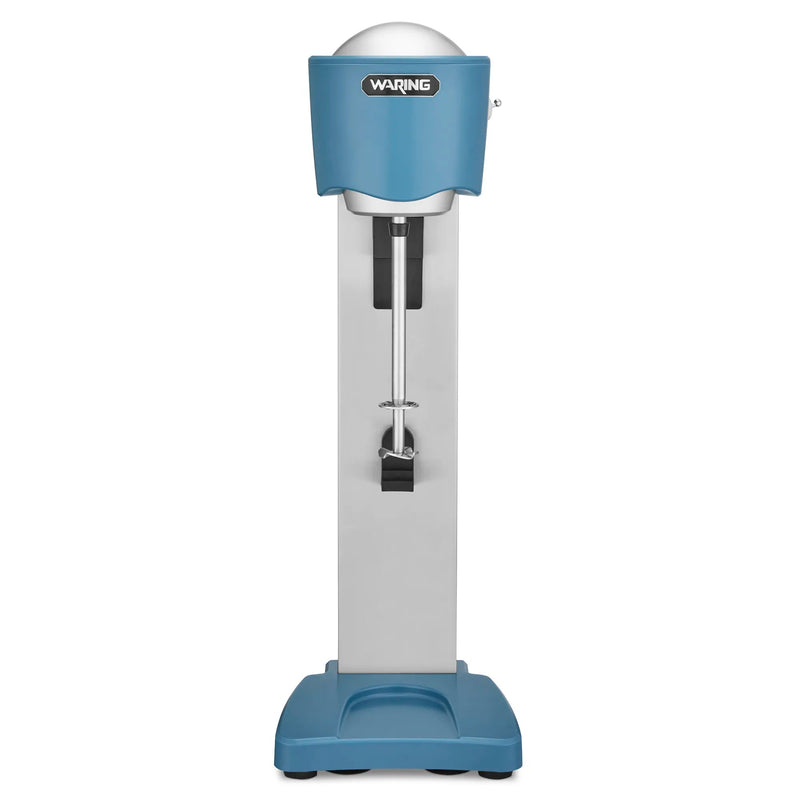 Waring WDM20 single-spindle drink mixer with blue head and base and brushed stainless column, front view