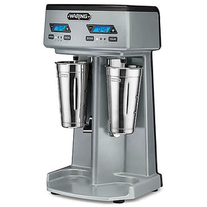 Waring WDM240TX double spindle drink mixer with timer, grey housing and two stainless steel cups, angled