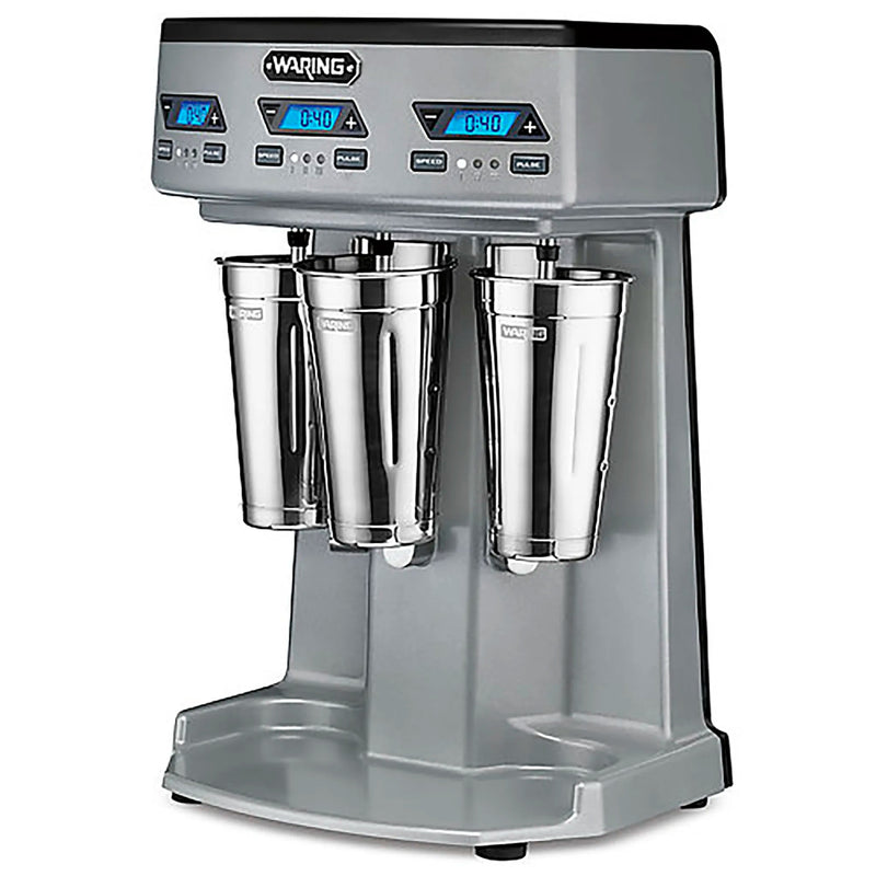 Waring WDM360TX triple spindle drink mixer with timer, grey housing and three stainless steel cups, angled