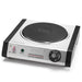 Waring WEB300 single cast-iron countertop burner in stainless steel with temperature dial, angled right view