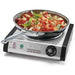 Waring WEB300 single cast-iron burner shown in use with a stainless sauté pan of pasta and vegetables