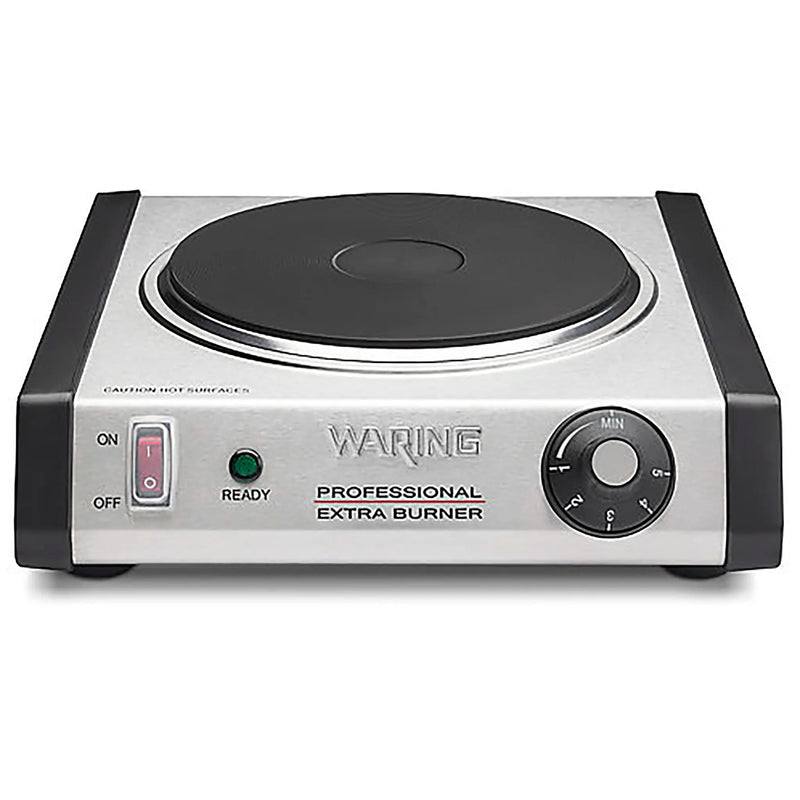 Waring WEB300 single cast-iron electric burner in brushed stainless steel with black trim and dial, front view