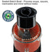 Waring WFP11S 2.5 quart food processor, sealed LiquiLock batch bowl holding sauce, close-up view