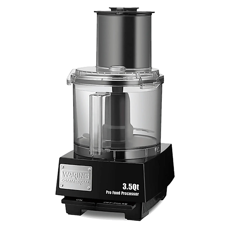 Waring WFP14S 3.5 quart food cutter and processor combo with black base and clear bowl, front view