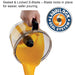 Waring WFP16SCD 4 quart food processor, hand pouring soup from the clear bowl with the S-blade locked in place