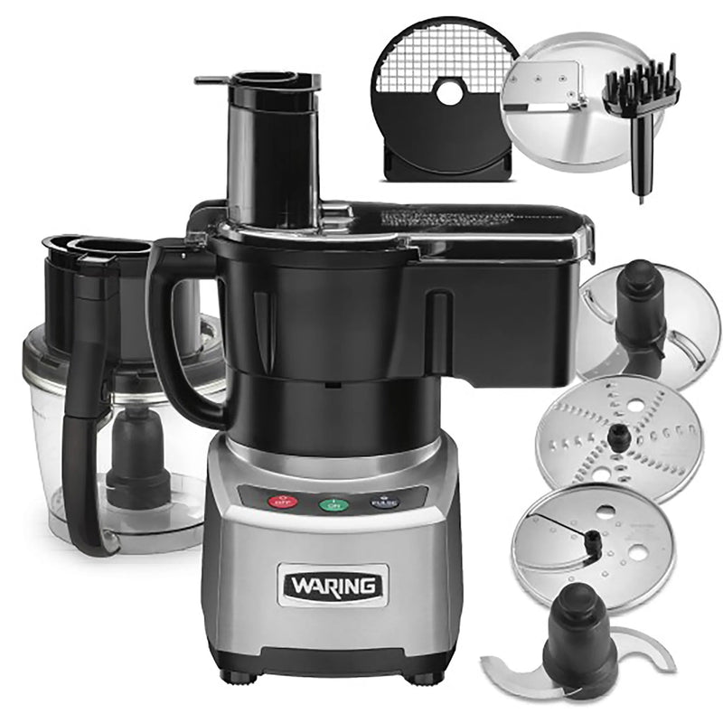 Waring WFP16SCD 4 quart combination food processor with continuous feed chute, dicing kit and discs shown
