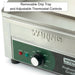 Waring WGR140X 14-inch electric griddle, close-up of the removable drip tray and adjustable thermostat control